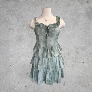 Cider ‘Vineyard Strolls’ Green TieDye Corset Style Ruffle Babydoll Mini Dress- M